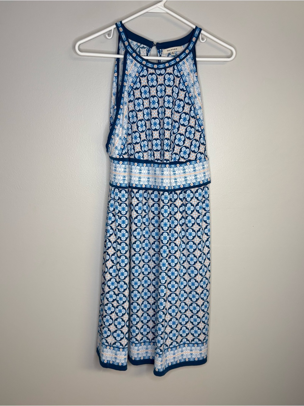Blue and White Patterned Halter midi Dress